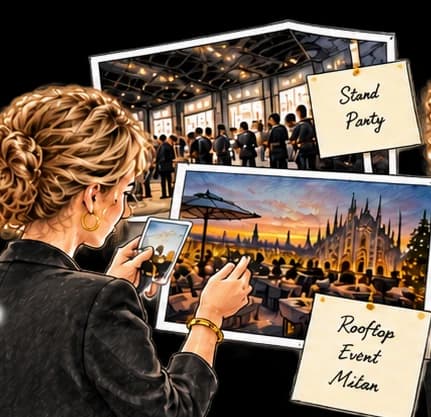 Choosing an event concept: a stand party or a rooftop event in Milan.