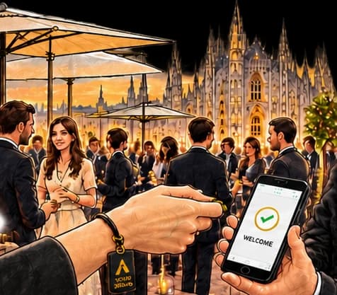 Guest tapping her charm on a phone at a rooftop event in front of Milan Cathedral.