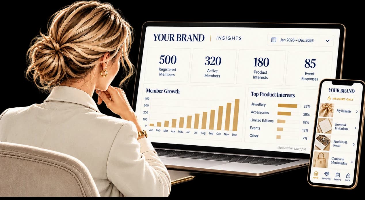 Woman reviewing a brand insights dashboard on a laptop and phone.