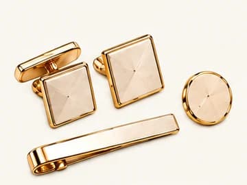 Gold cufflinks, tie bar and lapel pin.