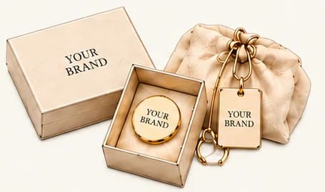 Gift box and pouch with branded pieces.