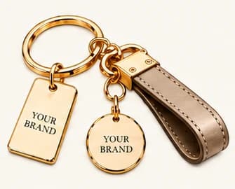 Keyrings with branded charms and a leather strap.