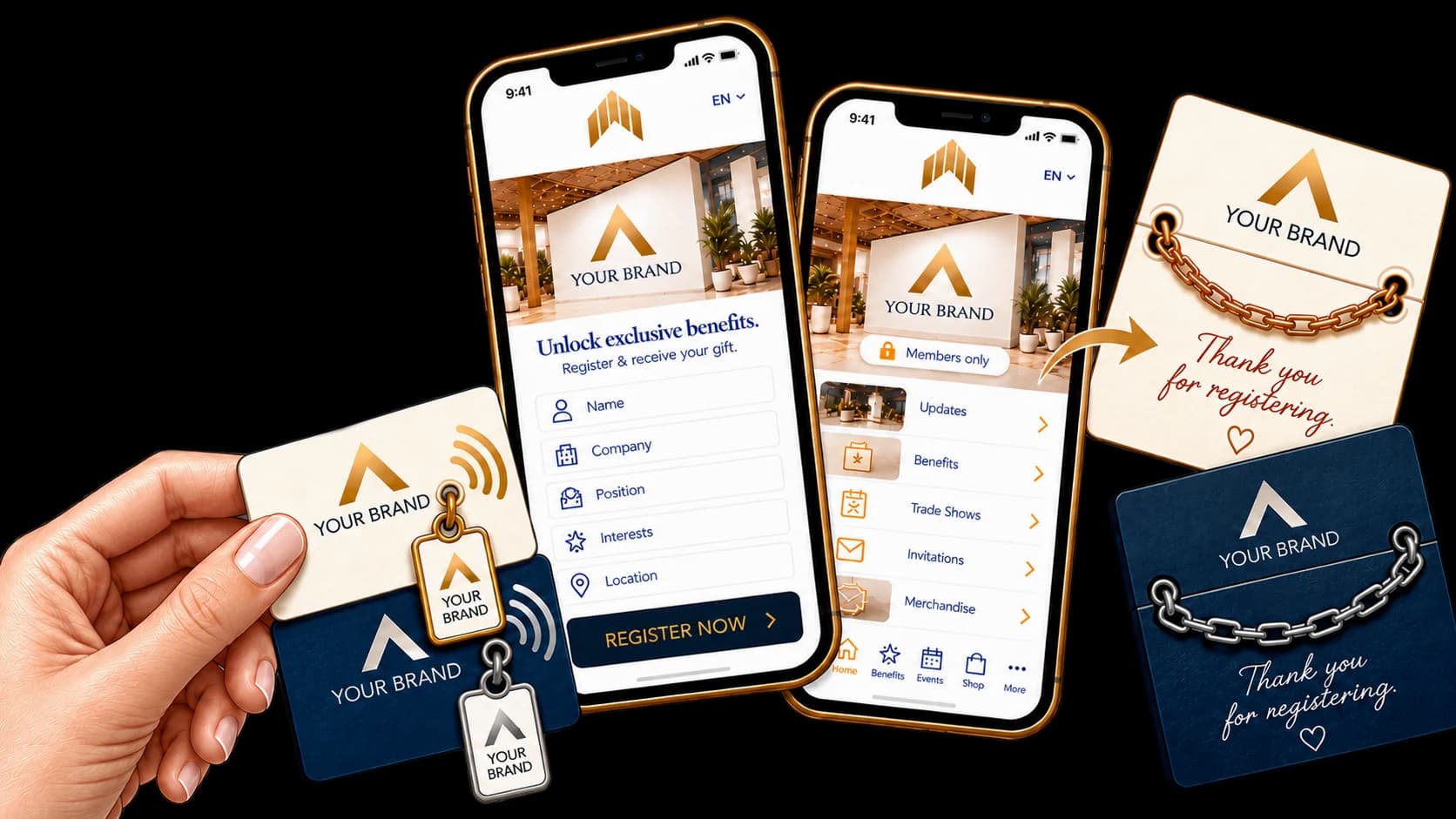 NFC cards with charms, a registration screen, a members-only app screen and thank-you cards with bracelets.