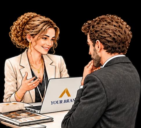 Brand representative in conversation with a client at a table.