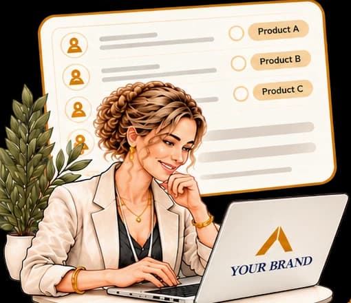 Brand representative filtering members by product interest on a laptop.