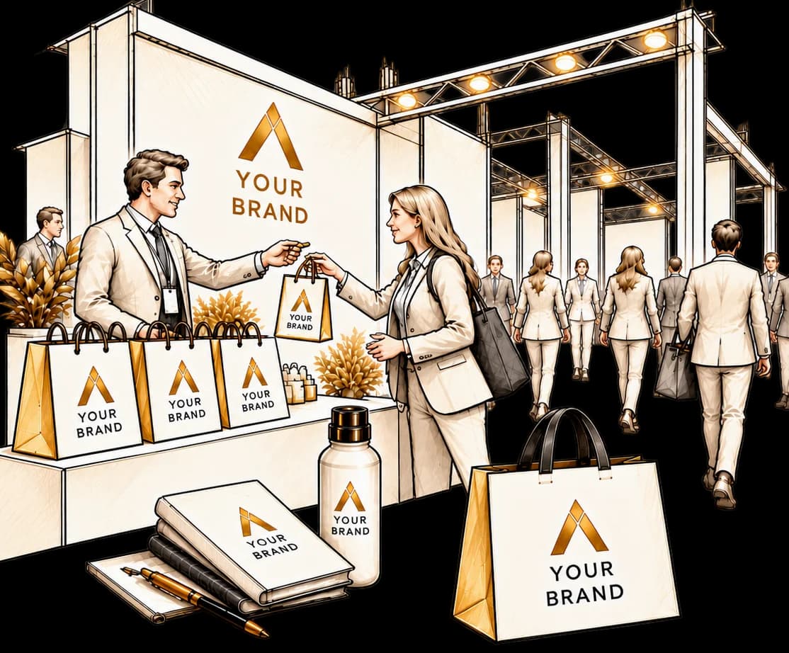 Trade-show stand handing out branded bags, bottles and notebooks.