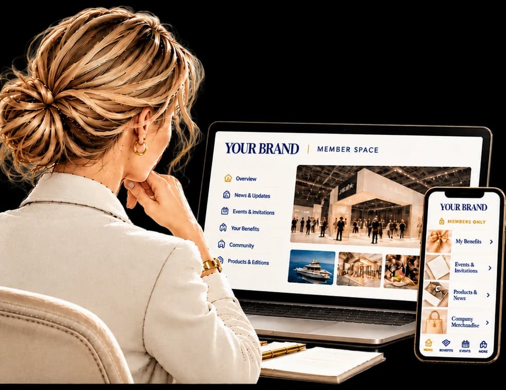 Woman browsing the brand member space on a laptop and phone.