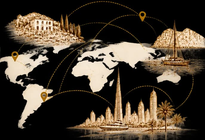 Sepia world map with routes to a Mediterranean villa, a sailing yacht and a city skyline.