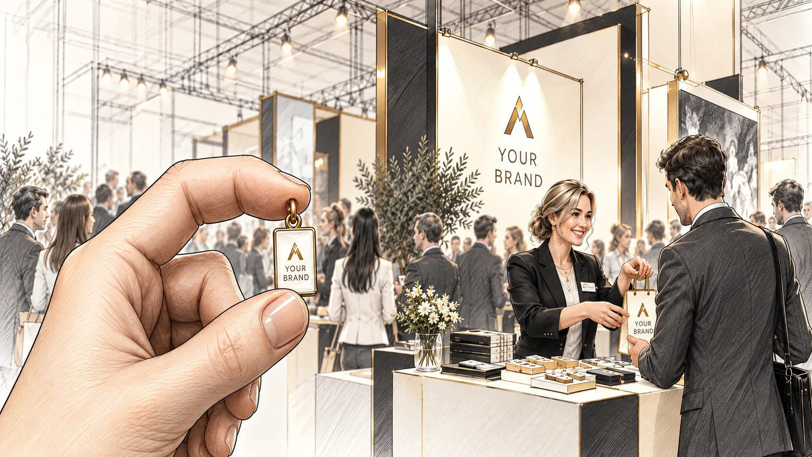 Sketch of a trade-show stand: a hand holds a branded jewellery charm while a host hands a gift bag to a visitor.