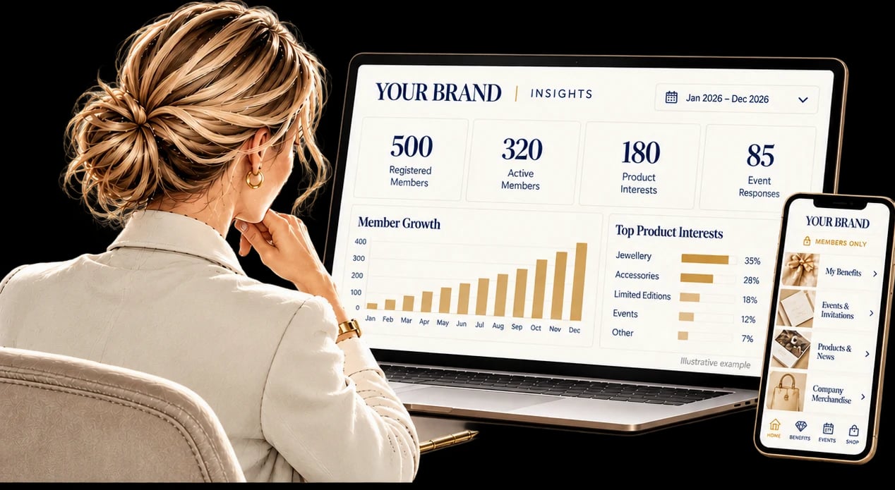 Woman reviewing a brand insights dashboard on a laptop and phone.