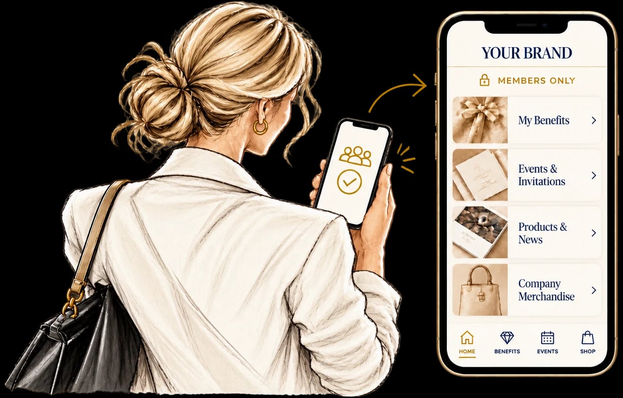 Woman confirming her registration on her phone, next to the members-only brand app.